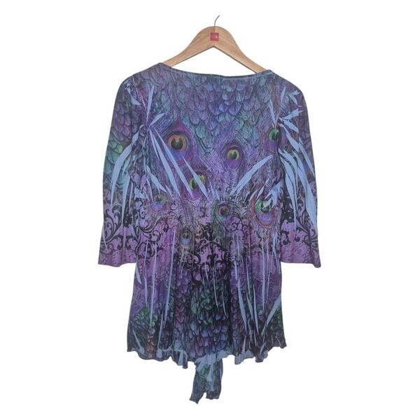 Apt. 9 Blue Purple 3/4 Sleeve V-neck Peacock Feather Top Fairy Size Medium - Picture 2 of 4